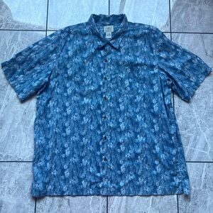 L.L. Bean Mens Blue Palm Leaf Print Traditional Fit Button Up Short Sleeve Shirt